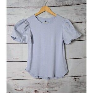 Cupio Women's Top Size Petite Small Light Blue Puff Sleeve Stretch Knit Casual